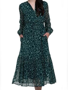 Olivia James Lydia Long Sleeve Midi Dress Green Geo Print Size Small